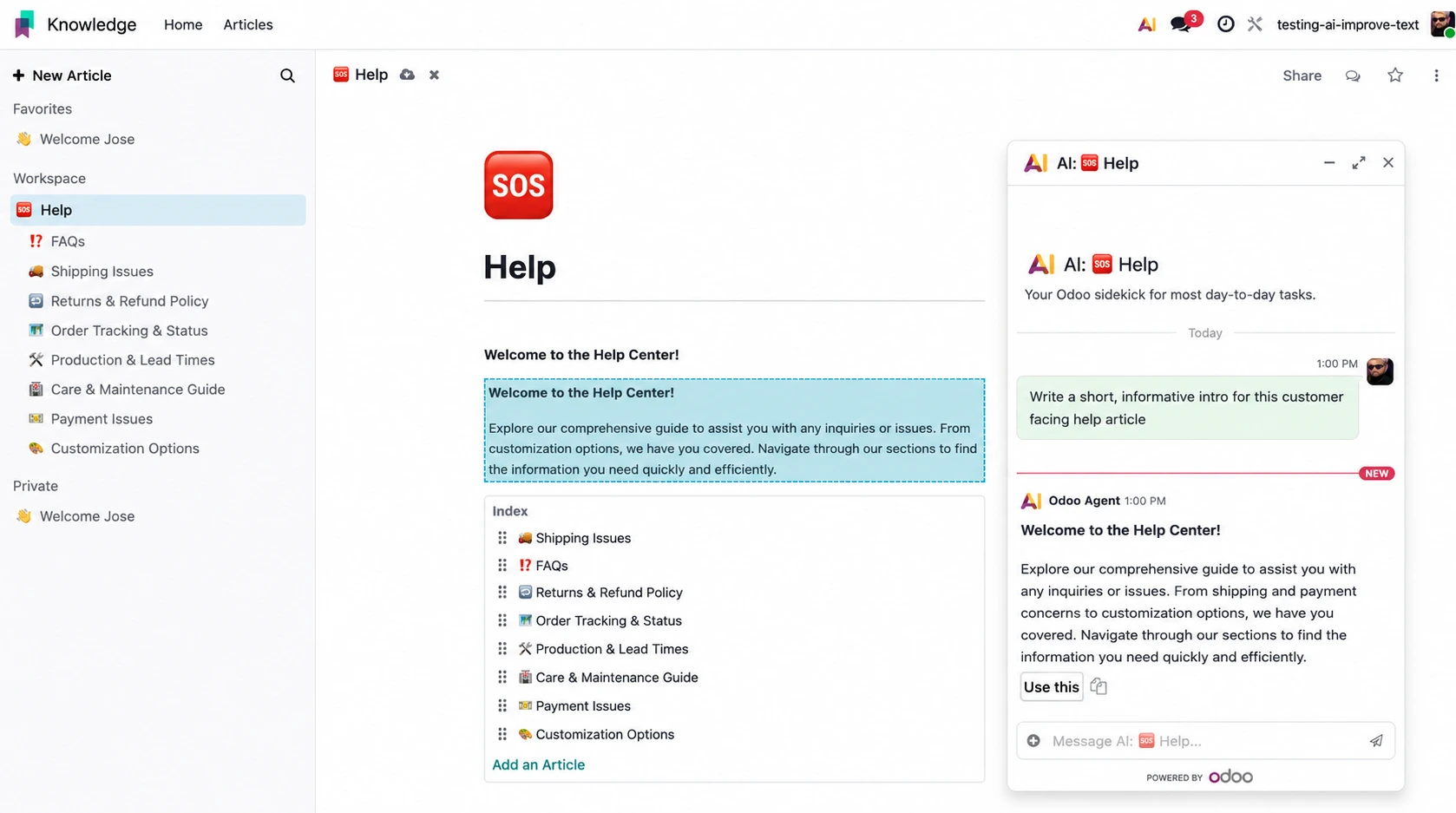 Odoo AI writing assistant for generating and improving business content