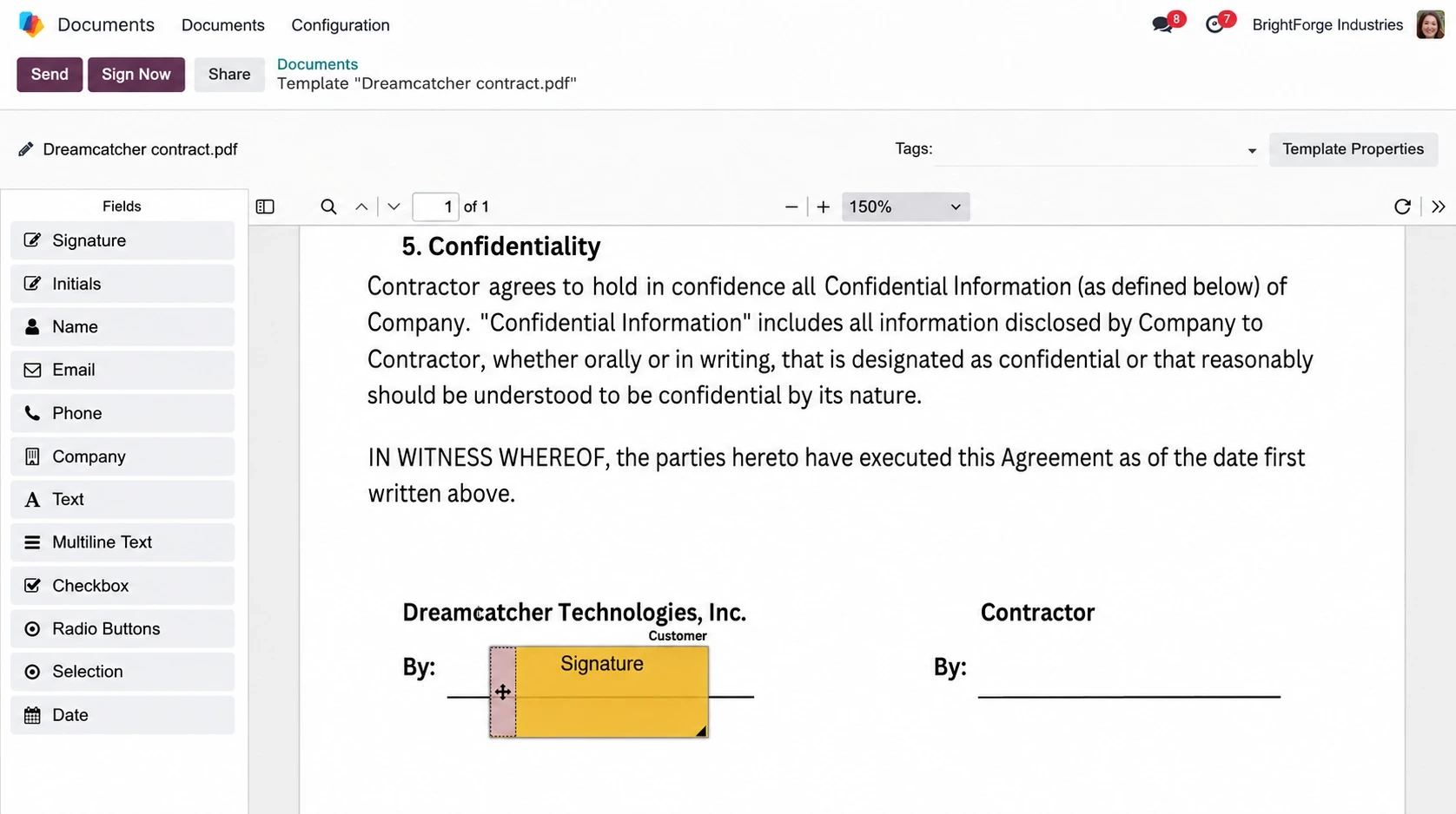 Digital contract signing and document sharing using Odoo