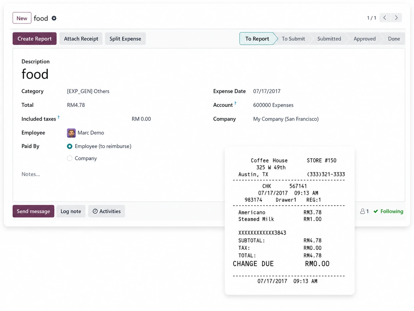 Odoo Expenses receipt scanning and approval workflow