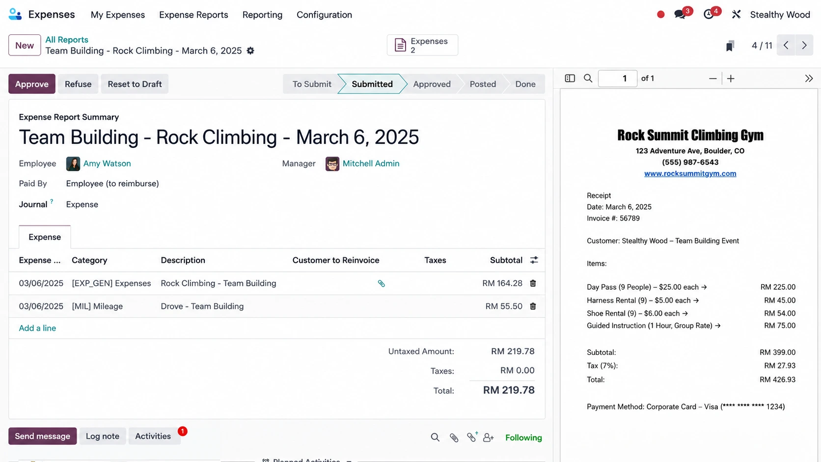 Staff claim approval system using Odoo Expenses