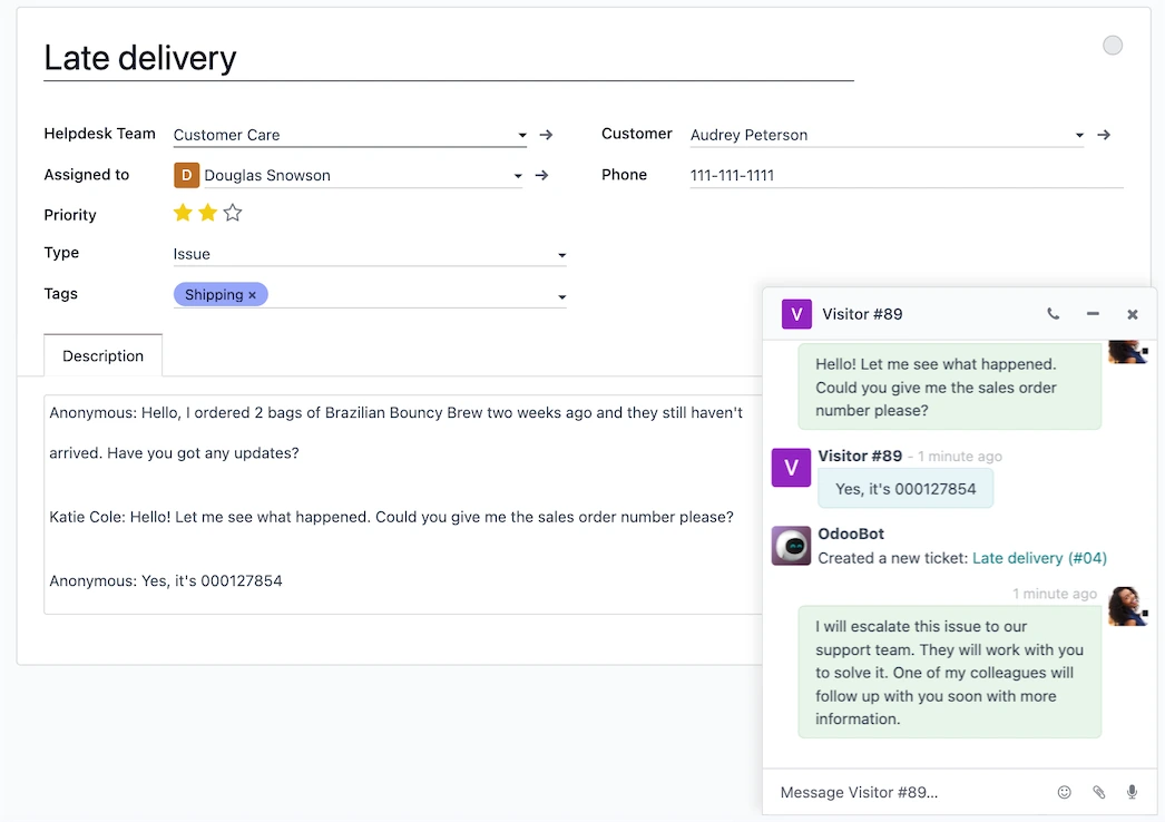 CRM and Helpdesk live chat integration using Odoo