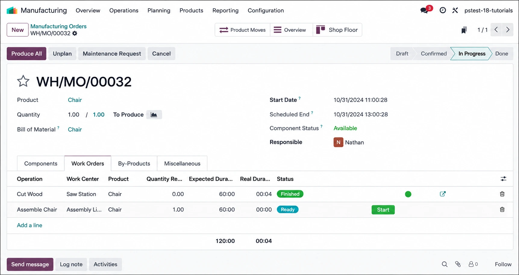 Odoo Manufacturing BOM and work order management