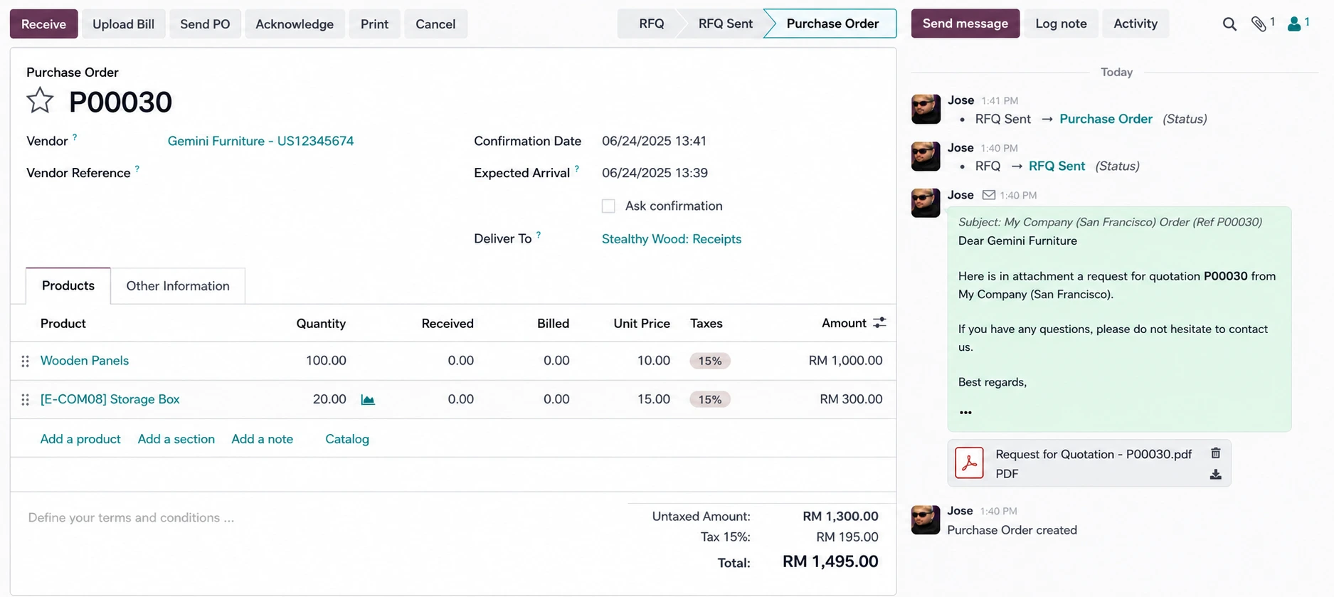 Supplier ordering and purchase order system using Odoo