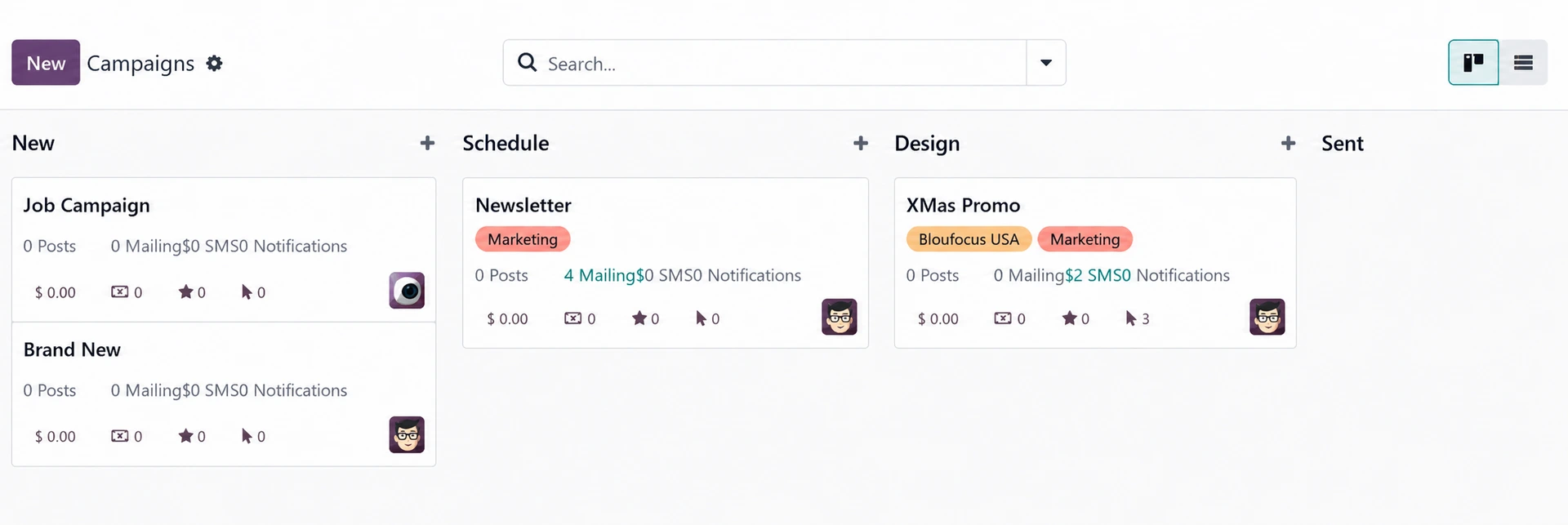 Odoo real-time email campaign statistics showing open rates, clicks, leads, orders and revenue