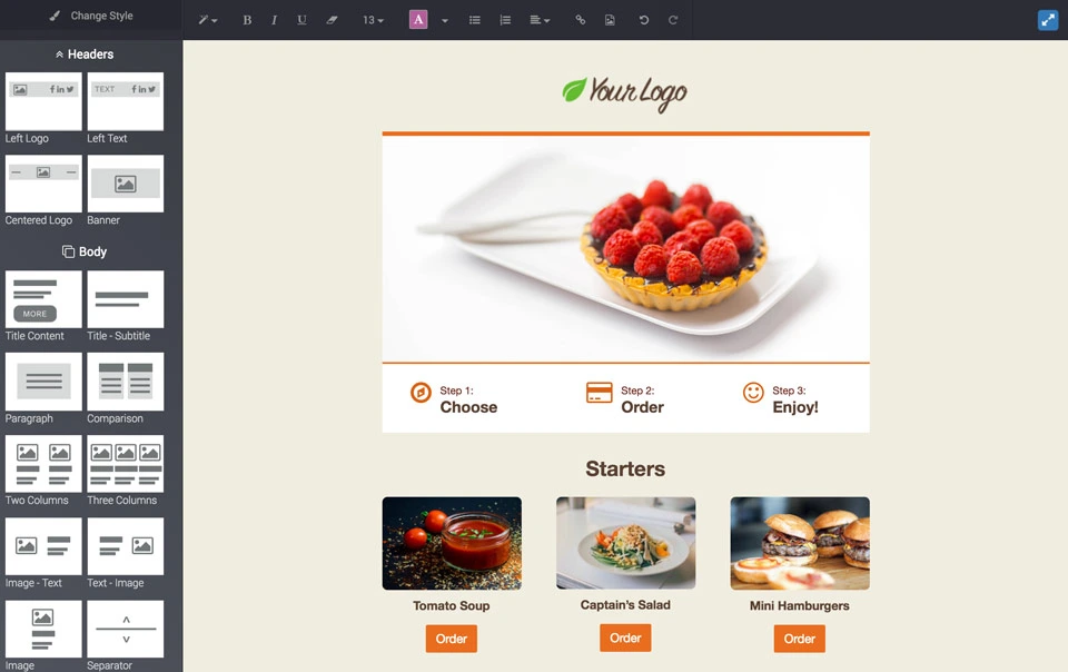 Odoo drag-and-drop email campaign editor with customisable content blocks
