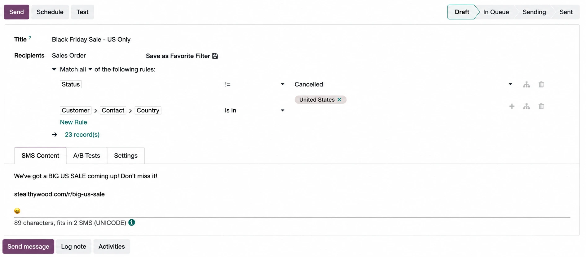 Odoo SMS campaign creation form for promotions, reminders and announcements
