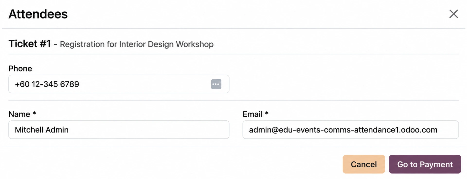 Odoo online event registration form for capturing attendee information