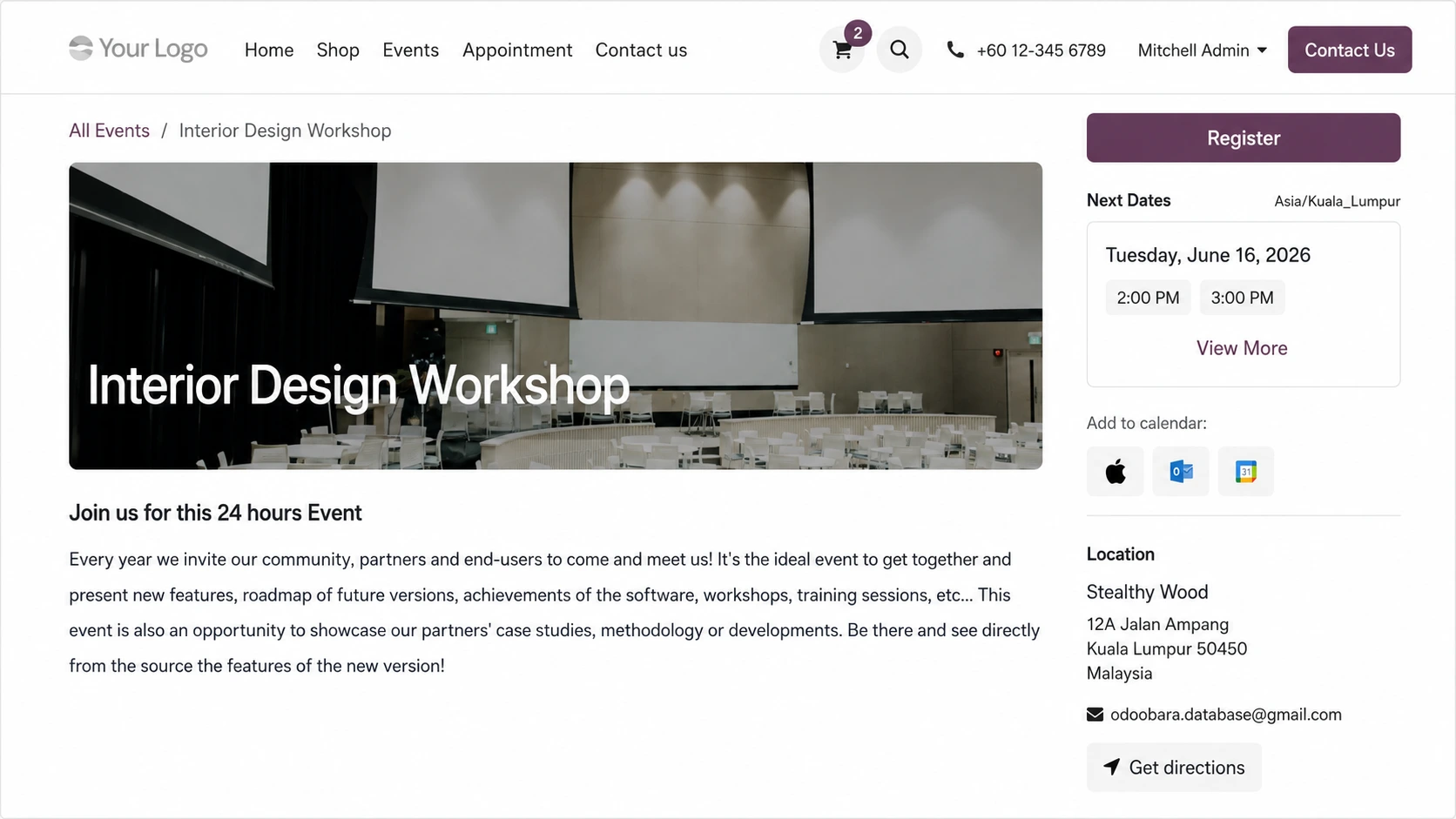 Odoo event website page showing event details, schedule and registration options