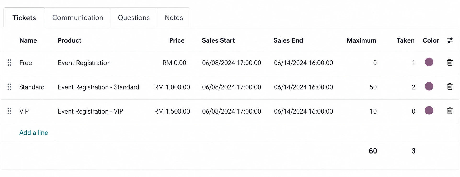 Odoo event ticket setup with ticket types, prices and available seats