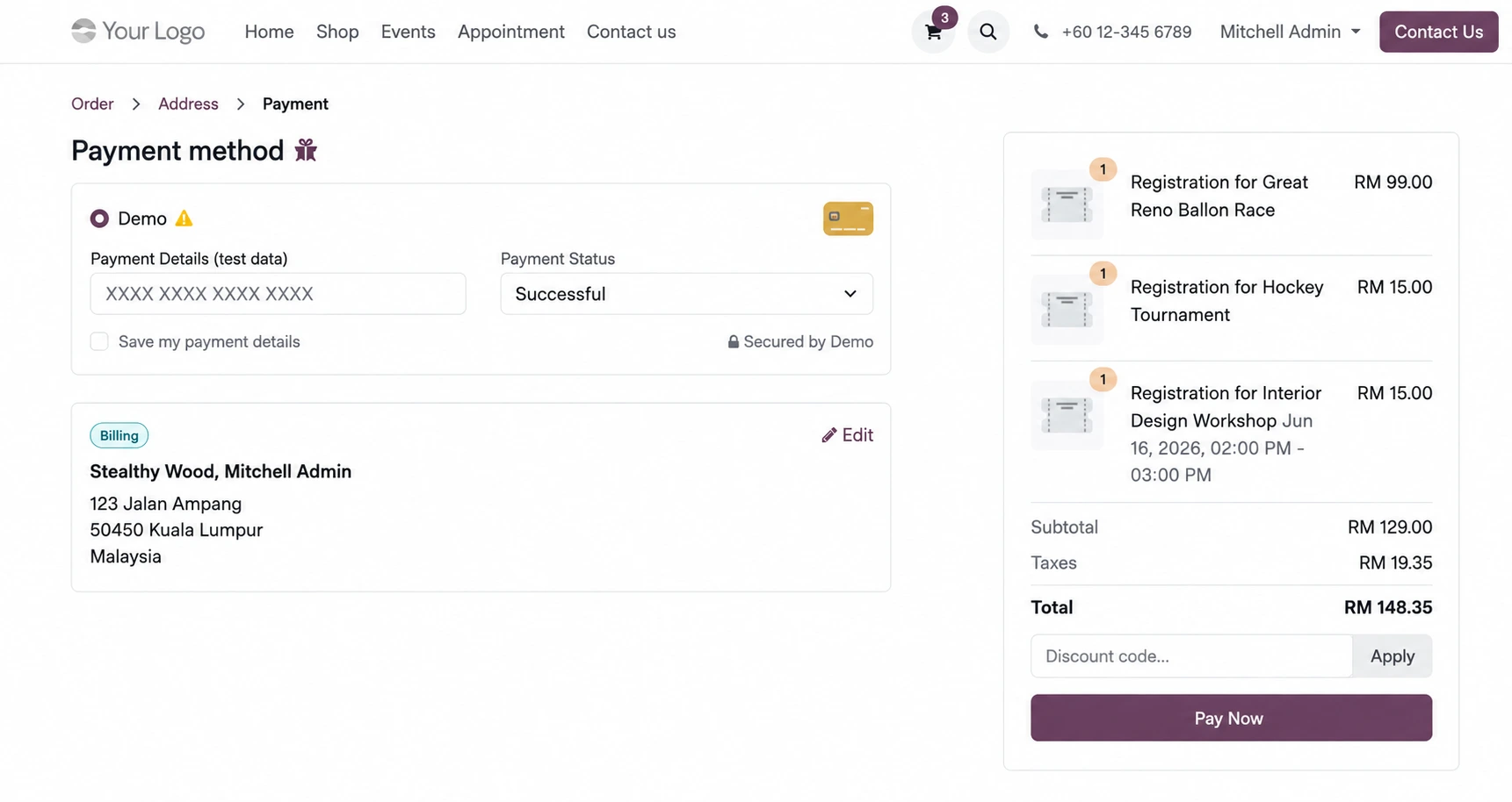 Odoo event registration connected to payment and customer invoicing options