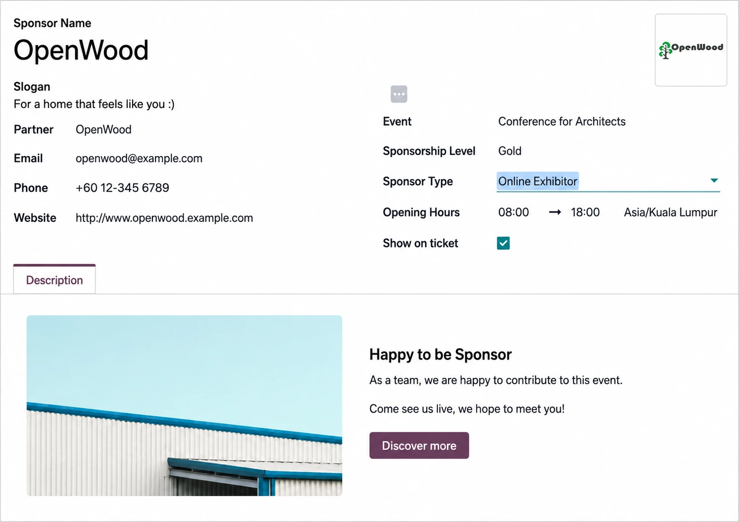 Odoo event sponsor management showing sponsors and sponsorship levels