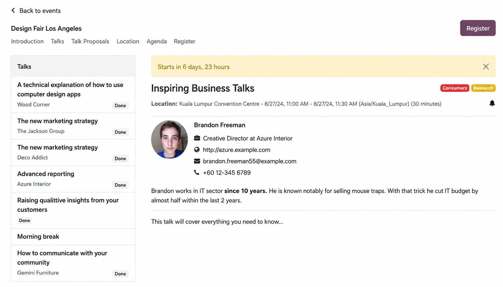 Odoo event agenda showing sessions, dates, speakers and locations