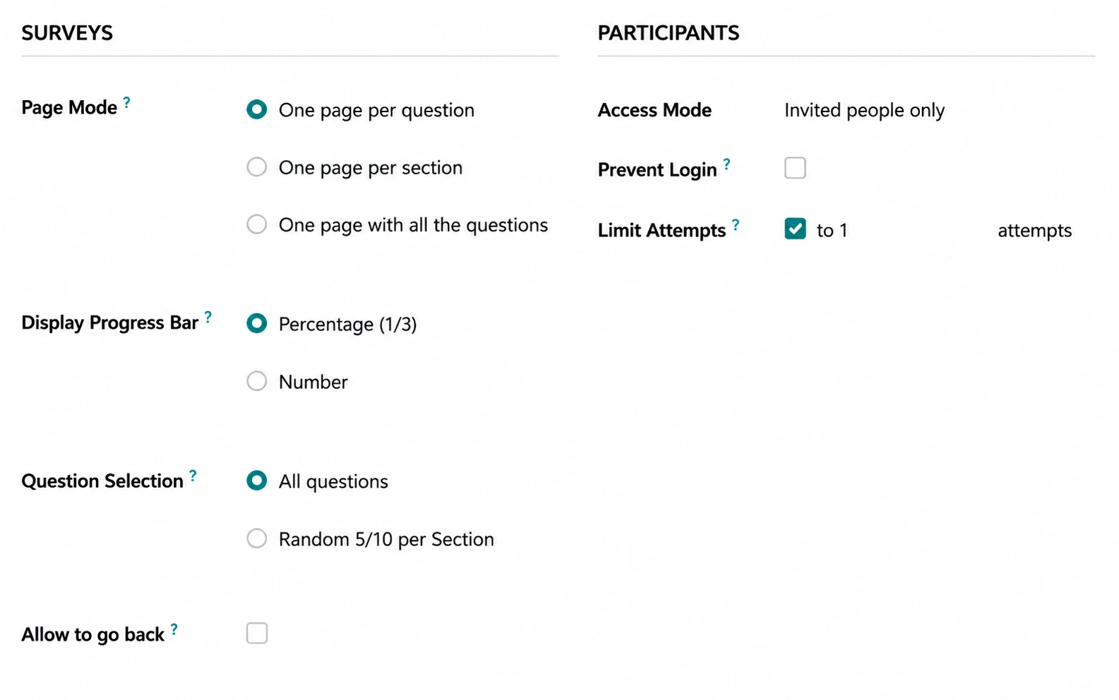 Odoo survey editor for organising custom questions, sections and pages