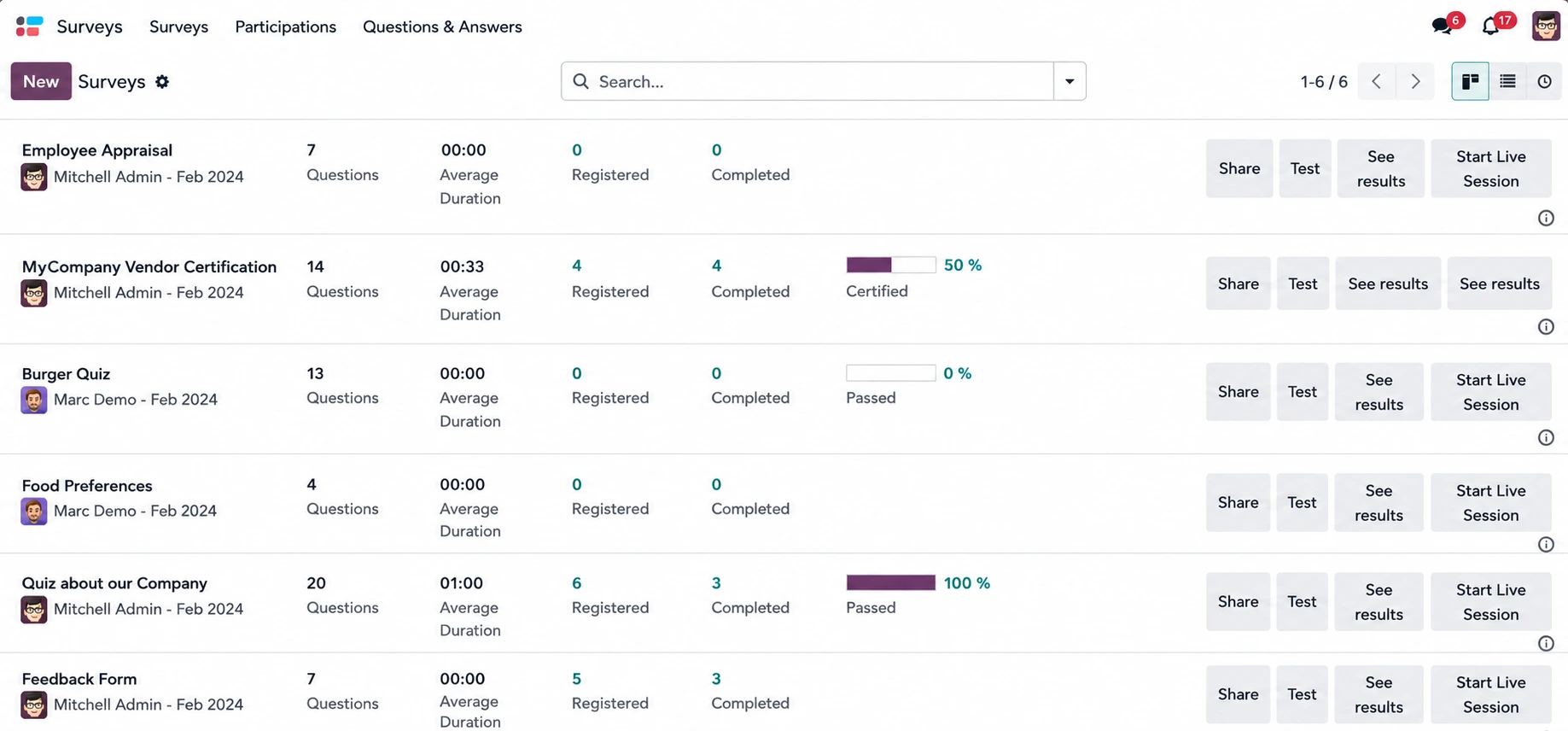 Odoo real-time survey response analysis showing survey responses and results