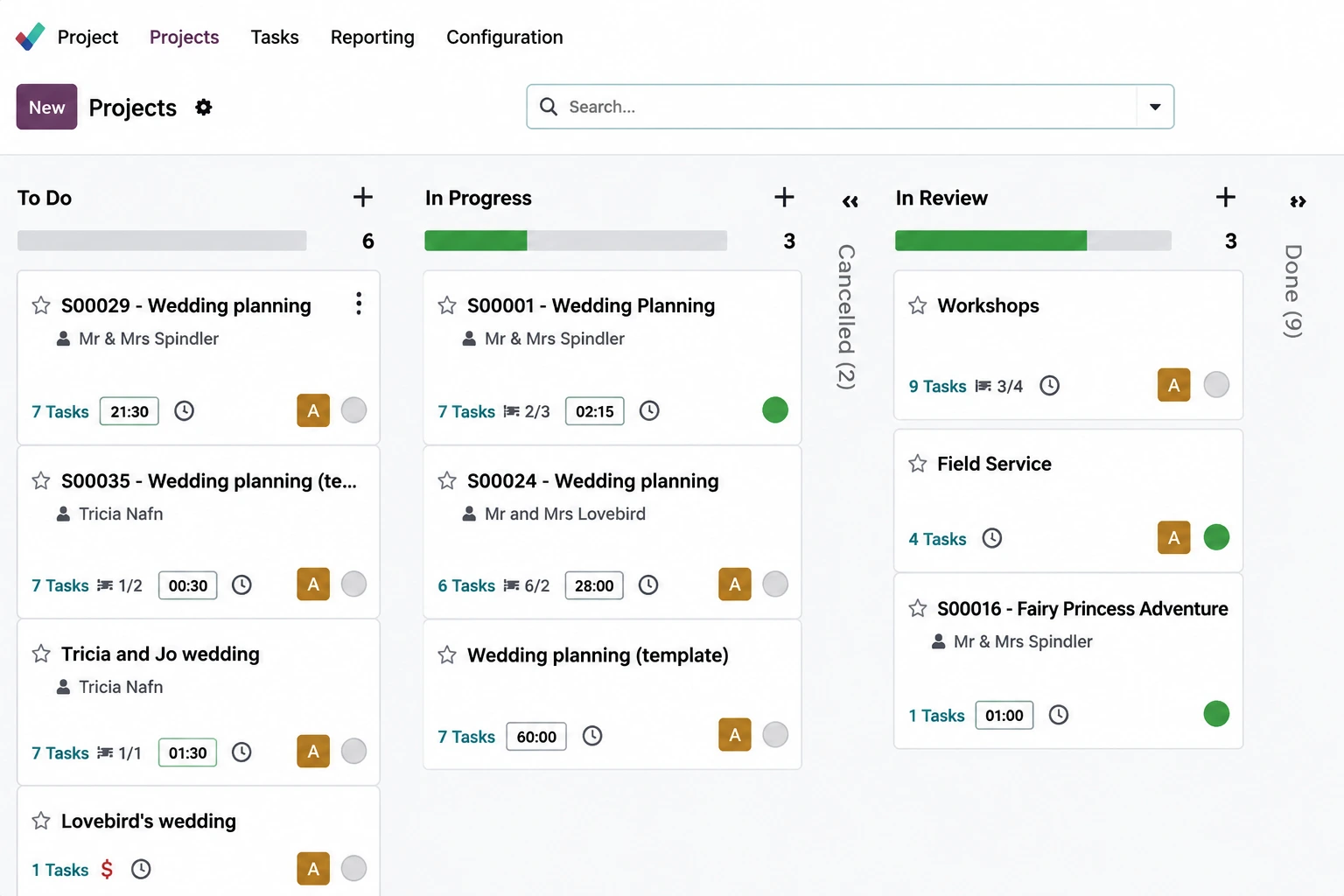 Odoo project Kanban view showing tasks organised by workflow stages