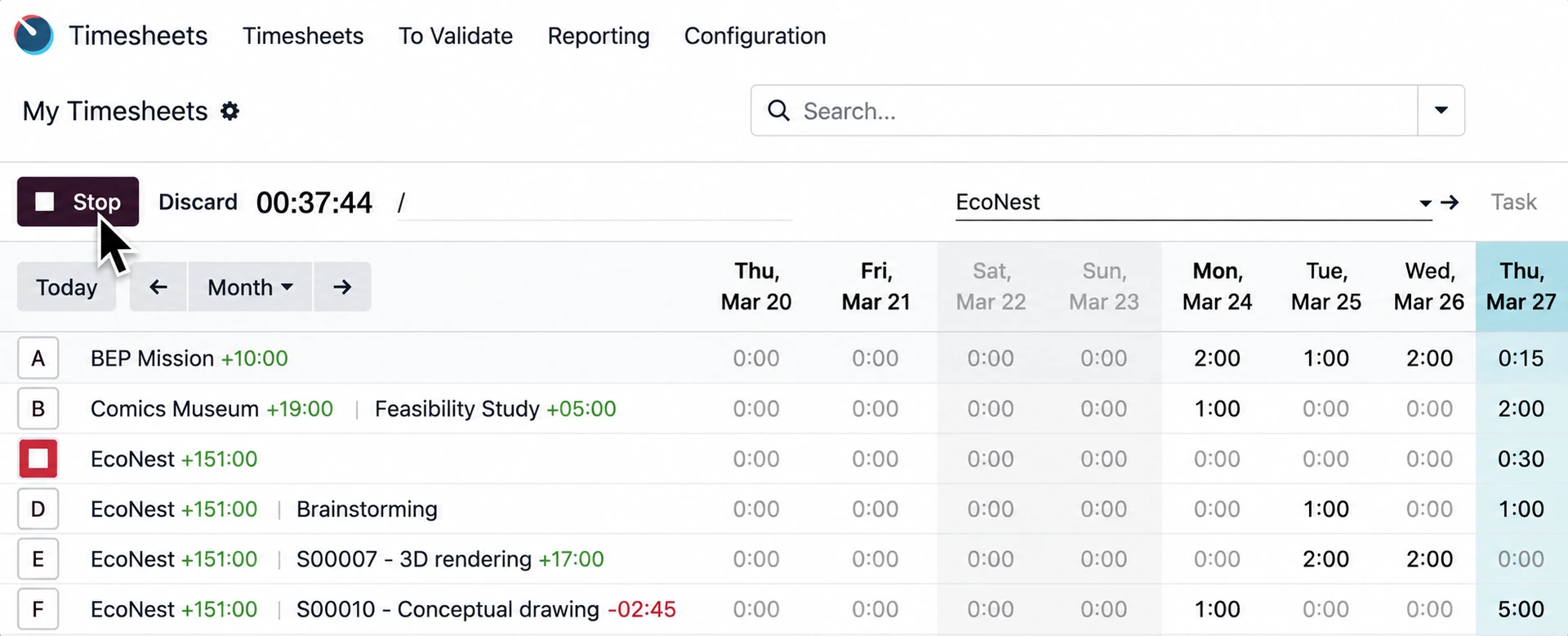 Odoo Timesheets screen showing employee time recorded for project tasks