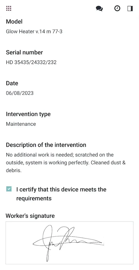 Odoo digital customer signature confirming completed field service work