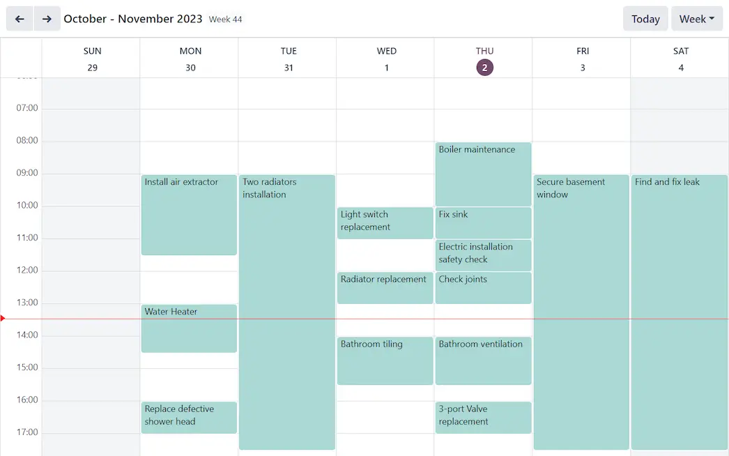 Odoo field service calendar showing technician appointments by date and time