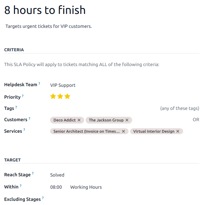 Odoo Helpdesk SLA settings showing response and resolution targets for support tickets
