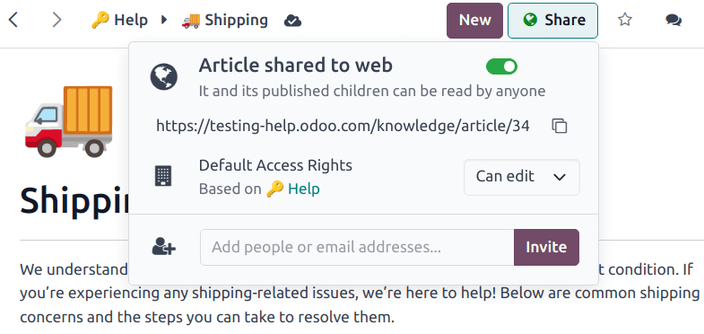 Odoo Helpdesk knowledge base showing FAQs, guides and self-service support articles