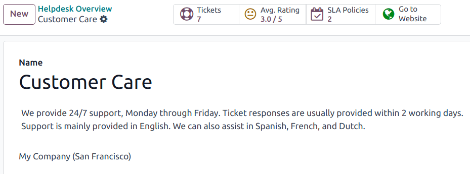 Odoo Helpdesk ticket showing customer issue, assignee, priority and ticket status