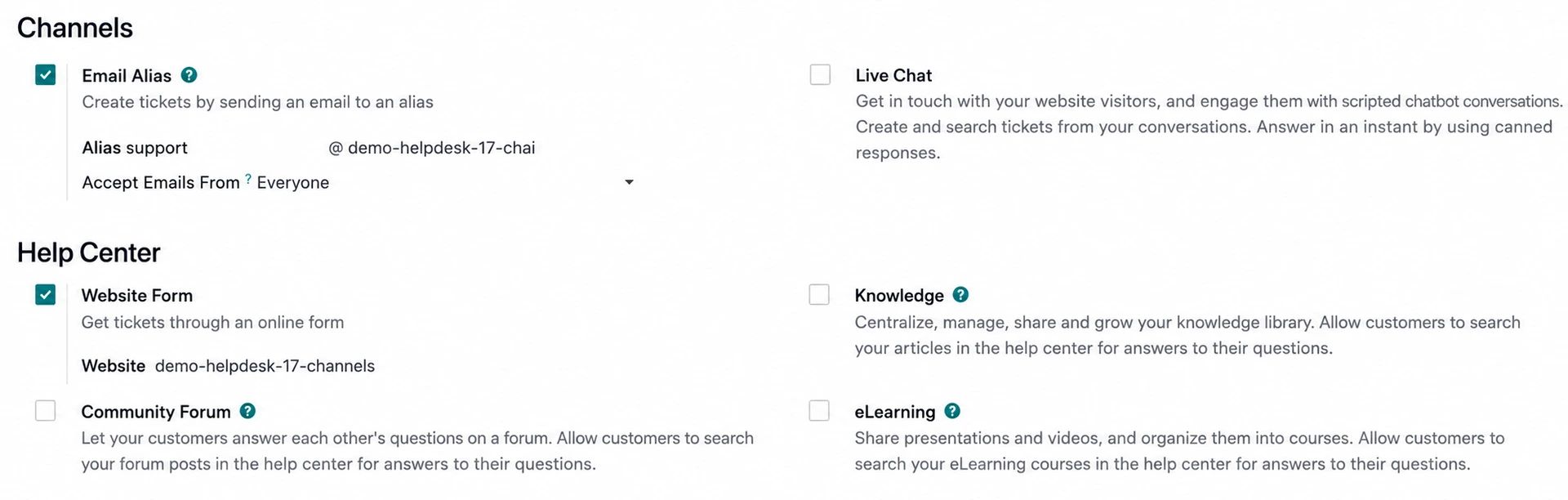 Odoo Helpdesk receiving customer enquiries from email, website forms and live chat