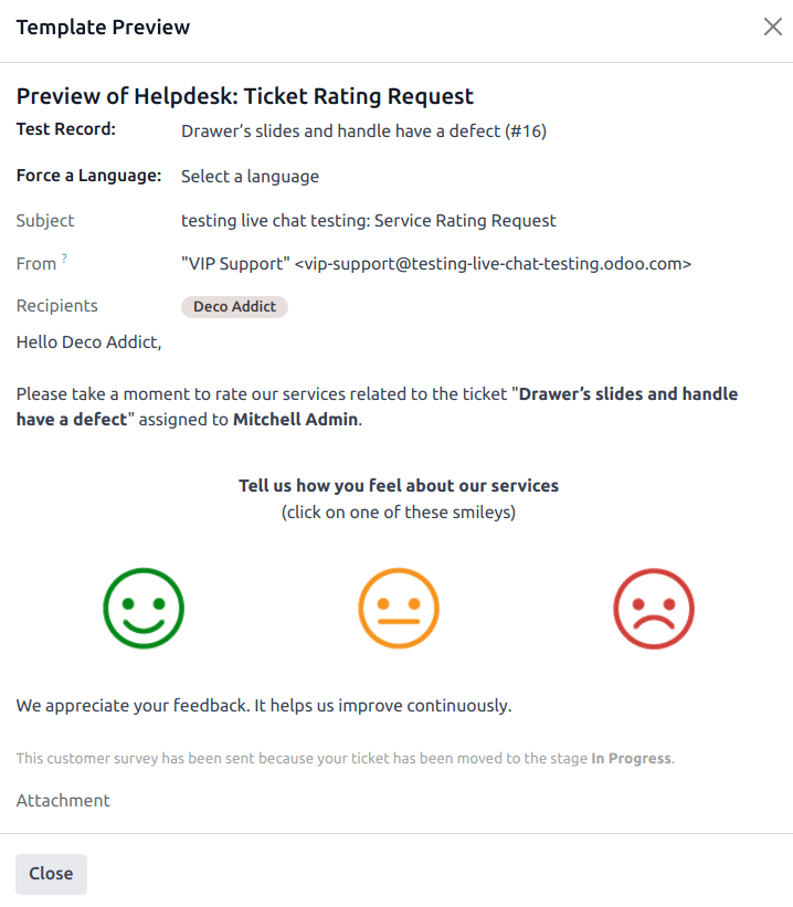 Odoo Helpdesk email template for sending consistent replies to customer enquiries