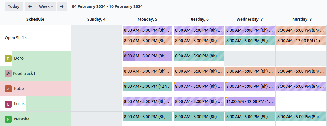 Odoo Planning Gantt view showing employee shifts, schedules and workload allocation