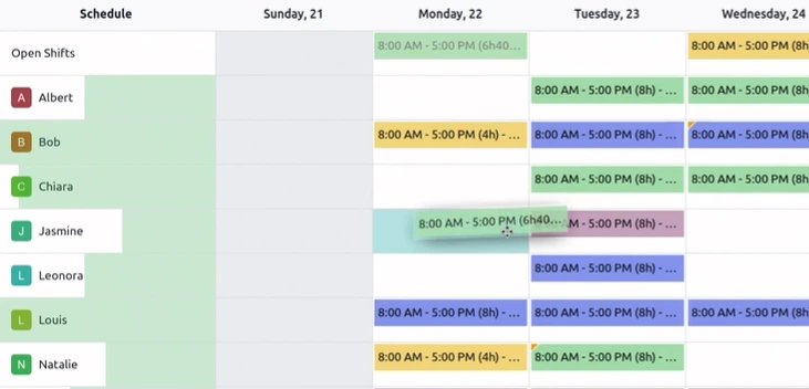 Odoo drag-and-drop schedule for moving and reassigning employee shifts