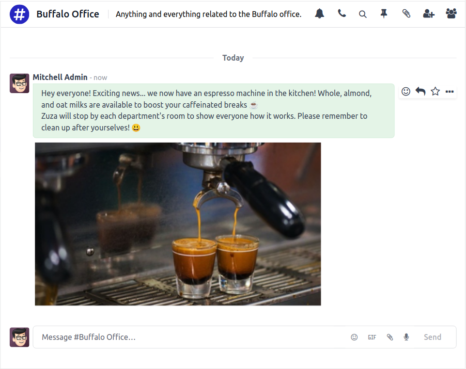 Odoo Discuss group channel for team updates and shared discussions