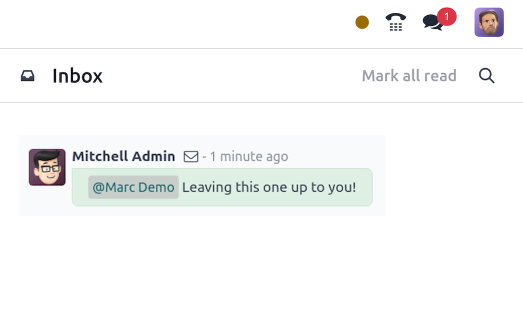 Odoo notification inbox showing messages, mentions and activity updates