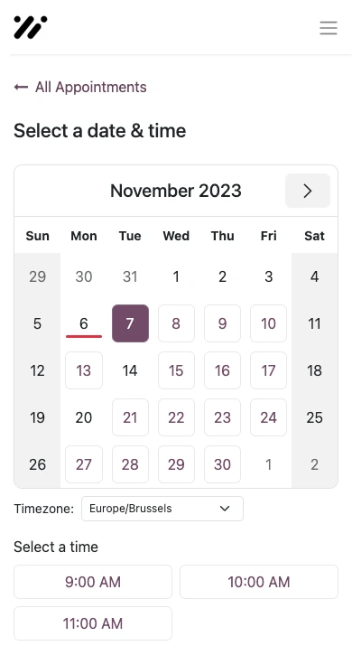 Odoo online appointment booking page showing available dates and time slots