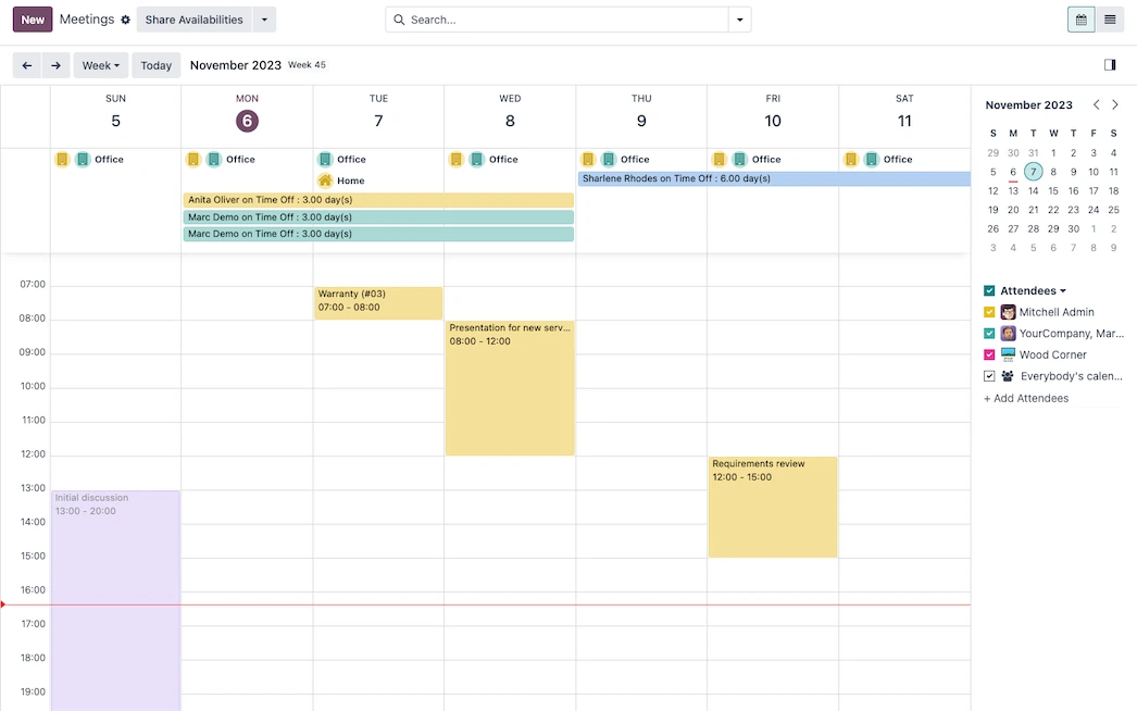 Odoo Calendar showing scheduled customer appointments and meeting time slots