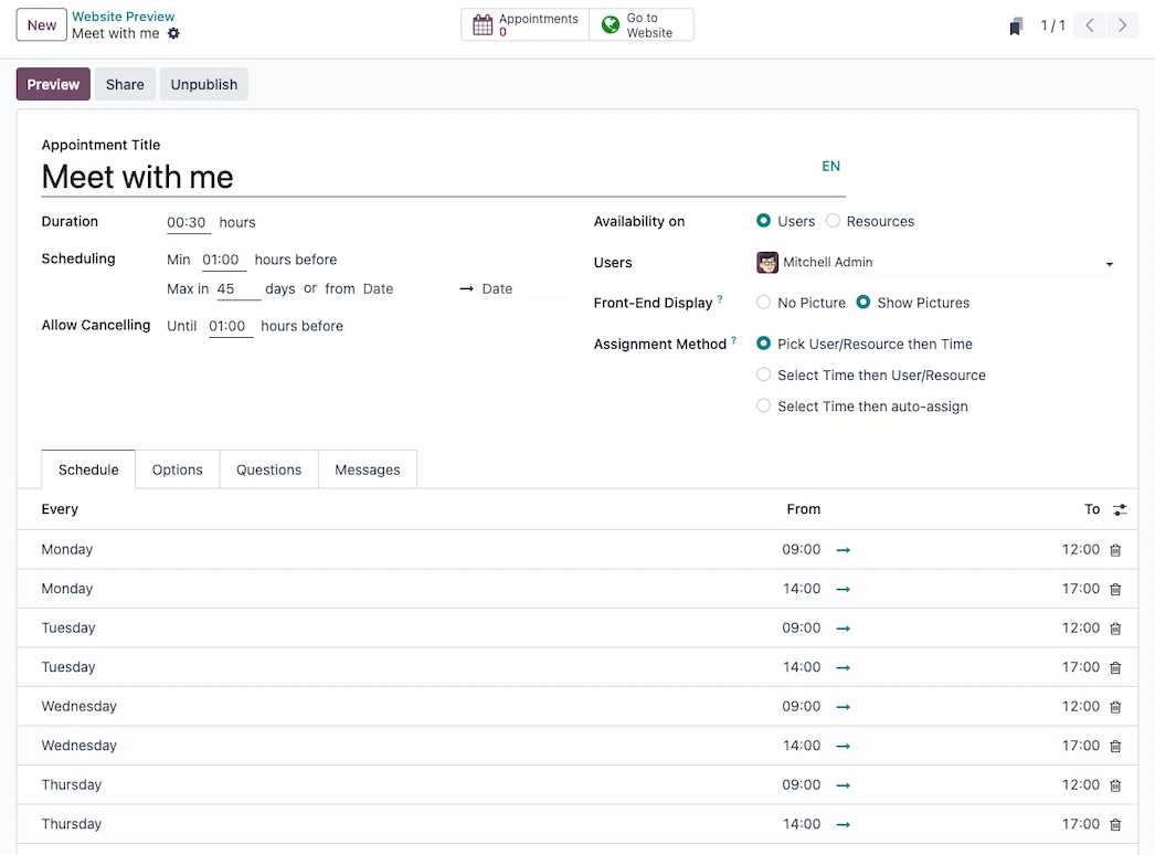 Odoo appointment availability settings showing employee working hours and schedules