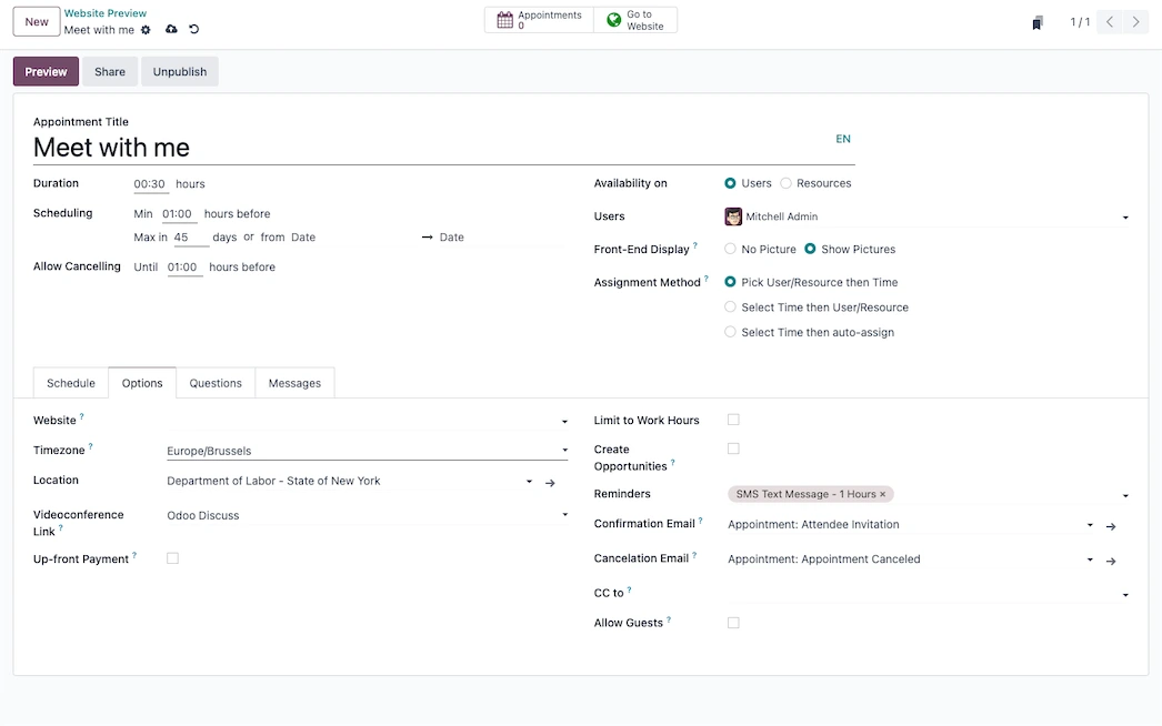 Odoo appointment type settings for different services and meeting purposes