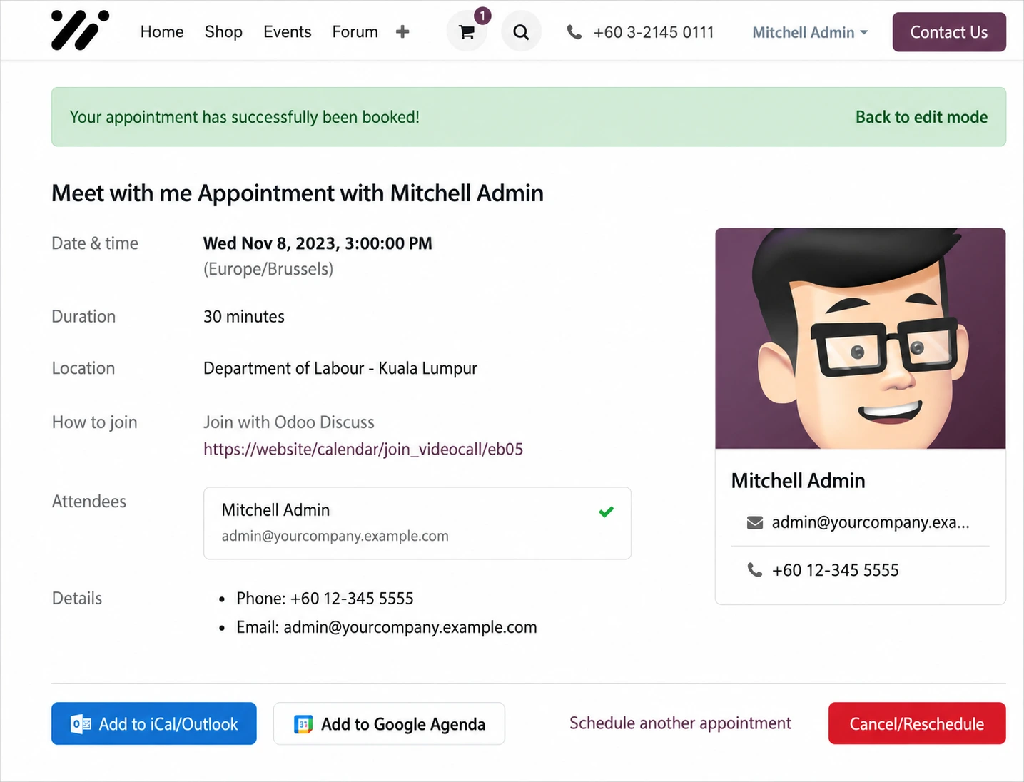 Odoo automated appointment reminder settings for email and customer notifications
