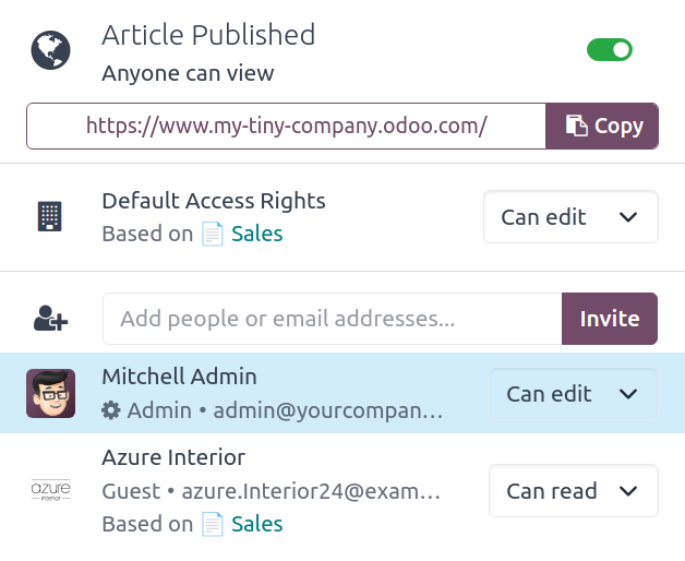 Odoo Knowledge access rights settings for controlling page viewing and editing permissions
