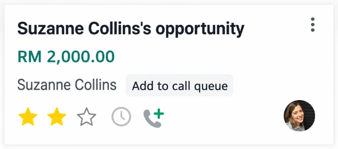 Odoo CRM opportunity added to a sales call queue for lead follow-up