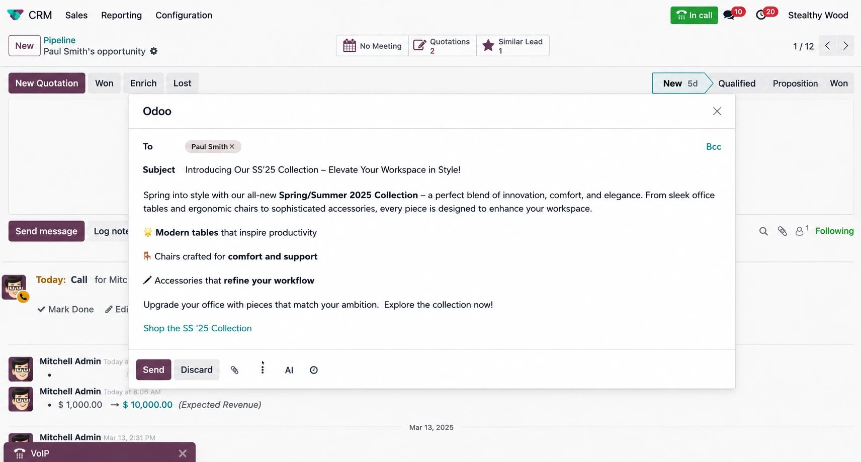 Odoo customer record with options to send an email or schedule a meeting
