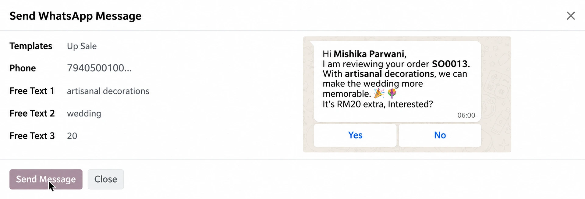 Odoo WhatsApp template using unique customer and document information