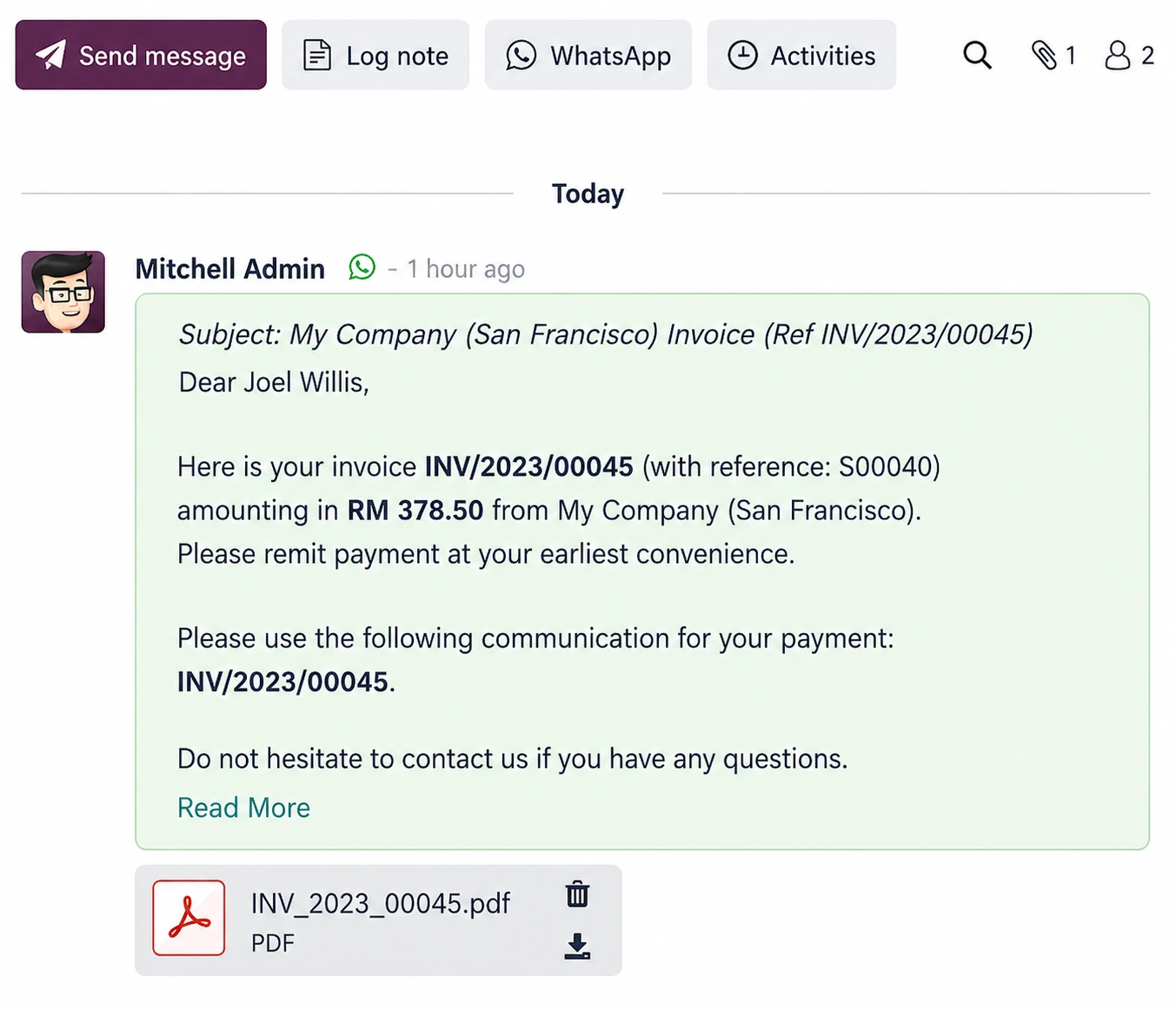 Odoo customer invoice shared through WhatsApp as a billing document