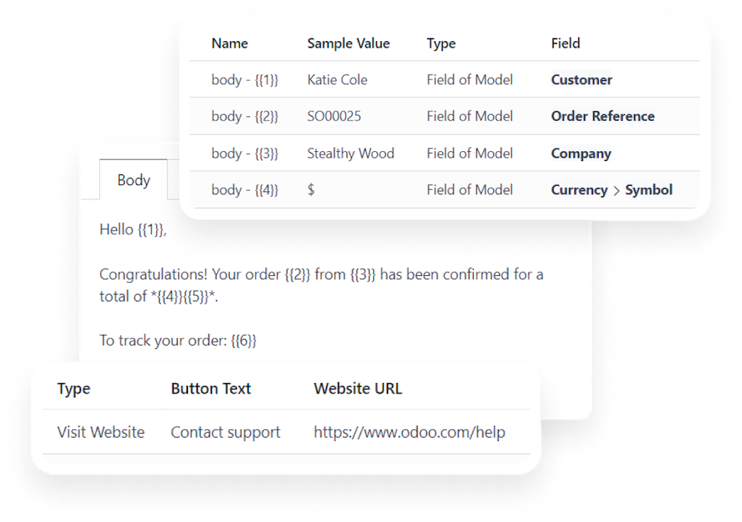 Odoo WhatsApp business message templates for reminders, invoices and customer follow-up